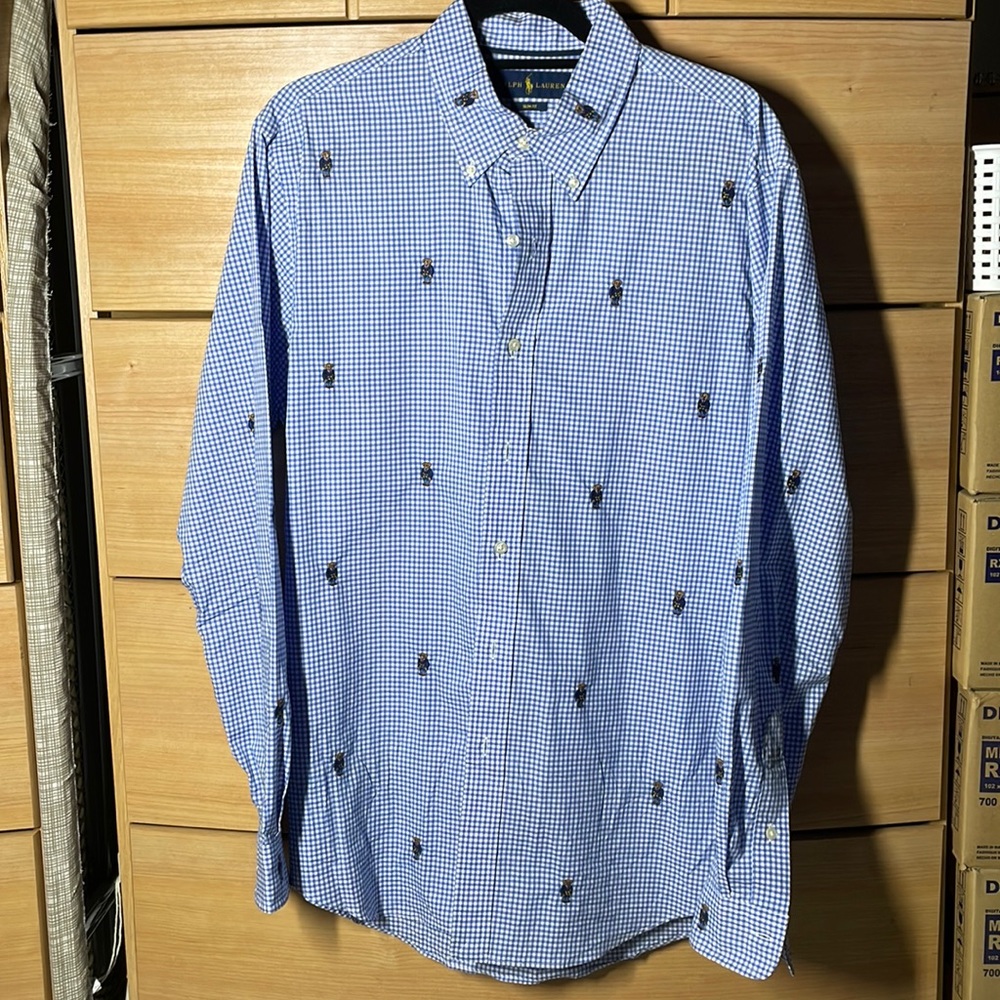 Ralph Lauren Polo Bear Monogrammed Gingham Button Down Dress Shirt.